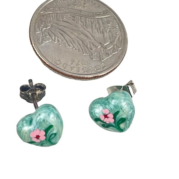 Handmade Italian Enamel Heart Earrings With Pink Flowers In Velvet Box - Picture 5 of 8